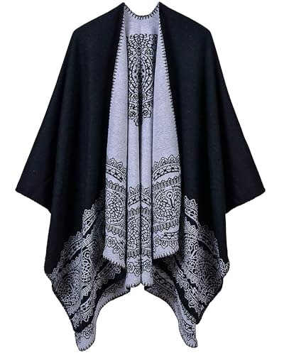 Women's Shawls and Wraps Open Front Poncho Cape Winter Sweater - color: B2-black