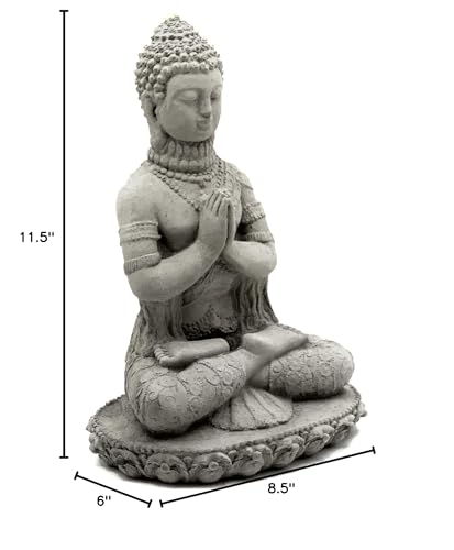 Praying Buddha Statue: Durable Solid Stone Sculpture with Aged Texture. Unique Home Décor, Garden Accent. Sealed for Outdoors. Handcrafted USA. (Antique/Gray)