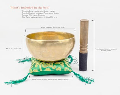 6-Inch Handmade Tibetan Singing Bowl ~ Superb B Crown Chakra Balancing ~ Best use for Meditation, Sound Healing, Cleansing, Mindfulness & Relaxation ~ Cushion & Sueded Leather wooden Mallet included