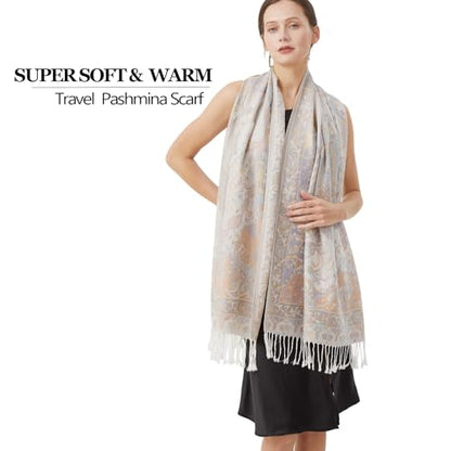 Paisley Pashmina Rave Shawl Scarf-Women's Reversible Ethnic Jacquard Pashmina Wraps for Travel - color: A#. White Blue