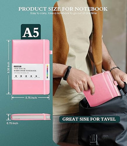 Ansopu Lined Journal Notebook for Women, A5 100 GSM Thick Paper, Pink Leather Hardcover Journal for Writing, Travel Journal Diary 160 Pages (5.75'' X 8.38'') - color: Pink