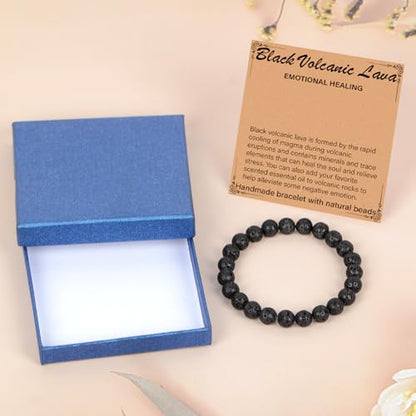 LPBeads Handmade Natural Gemstone Stretch Elastic Bracelet Healing Crystal Round Stone Beads Jewelry Gifts for Women Men - color: Black Lava, size: 8mm