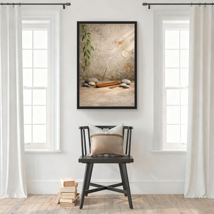 Framed Zen Incense and Stones Poster Canvas Print Art Rustic Minimalist Aesthetic Wall Art Painting Pictures Wall Decor Elegant Home Decor for Living Room Bedroom Office Decoration (Black framed,16L"X24W")