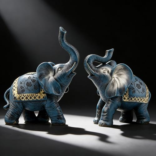 Blue Thai Couple Elephants Figurines Statues Elephant with Trunk Up Gifts for Desktop Decoration Home Crafts Ornament - color: Blue