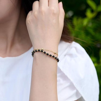 Farfume Crystal Bracelet Beaded Bracelets 4mm Natural Stone Beads Gemstone Handmade Jewelry Gift for Women - color: Black Onyx-Strength & Focus