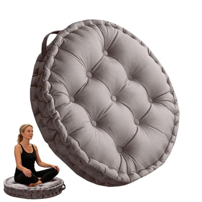 Meditation Floor Pillow, 23.6" Round Thick Cushion with Handle, Velvet Floor Cushion Seat Cushion for Yoga Living Room Tatami, Meditation Cushion for Adults, Light Gray