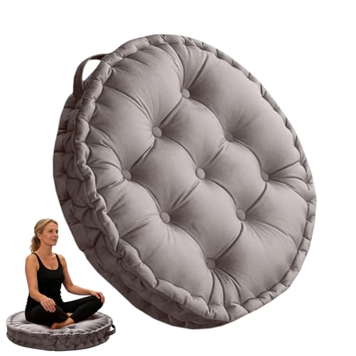 Meditation Floor Pillow, 23.6" Round Thick Cushion with Handle, Velvet Floor Cushion Seat Cushion for Yoga Living Room Tatami, Meditation Cushion for Adults, Light Gray