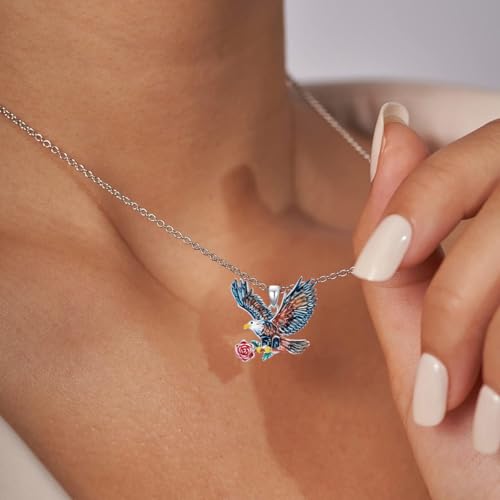 Hummingbird/Phoenix/Owl/Dove/Flamingo/Raven/Blue Jay/Cardinal/Peacock/Eagle/Parrot/Robin Necklace for Women 925 Sterling Silver Bird Pendant Necklace Animal Jewelry Gift for Mother Wife - style: Eagle Necklace with Flower
