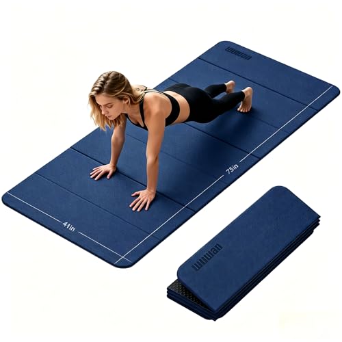 Foldable Yoga Mat Thick 10mm-WUWAN Extra Large Exercise Mat, TPE Material, Non-Slip Fitness Folding Mat Easy to Carry, Suitable for Home Workout Travel Pilates (75" x40",2/5") (Blue) - color: Dark Blue