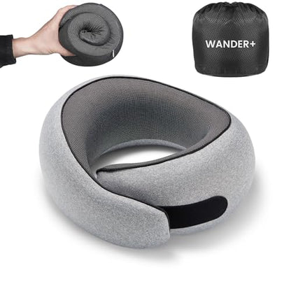 WANDER PLUS® Travel Pillow, 100% Pure Memory Foam Travel Neck Pillow Airplane Neck Support Ergonomic Design Best for Sleeping Plane Car Train Office Flight for Adults Grey