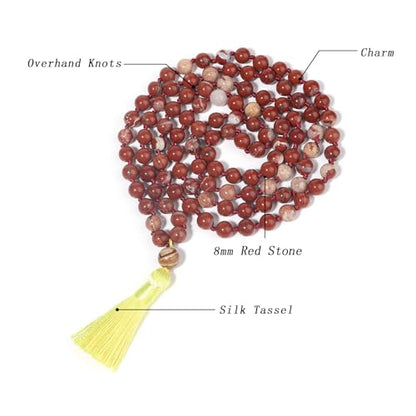 8MM Beads Chakra Long Mala Necklace Natural Stone Meditation Statement Necklace Japa Yoga Buddhist Rosary Prayer Charm Beaded Tassel Necklace - color: Redstone