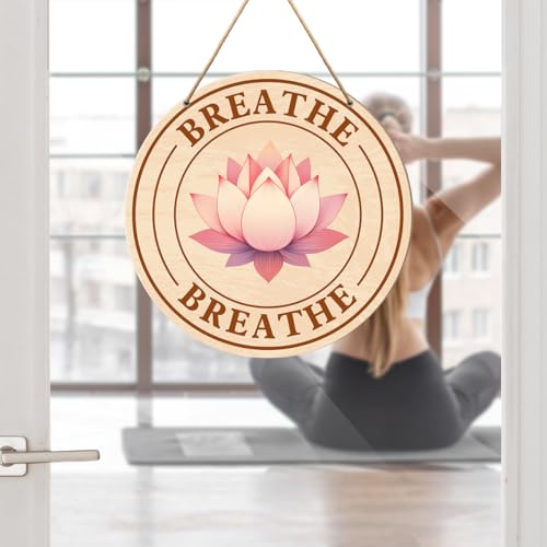 Meditation Room Sign Wall Decor, Meditation Lotus Flower Decor for Home Living Room Bedroom, Yoga Studio Spiritual Room Zen Den Hanging Sign Decorations, Gifts for Women Yoga Lover, Breathe