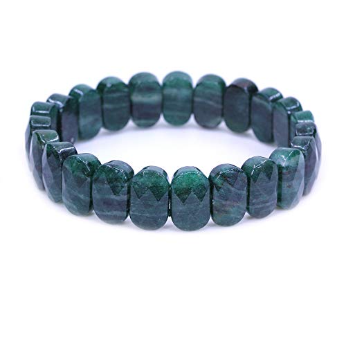 Keleny Semi Precious Stones 14mm Faceted Oval Beads Crystal Rock Elastic Bangle 7.5 Inch - color: Dark Green African Jade