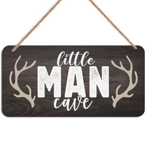 Little Man Cave Sign Door Wall Art Decor, Vintage Little Man Cave Antlers Wooden Wall Decoration, Rustic Brown Hanging Sign for Bedroom Living Room Front Door - color: Boys cave 0712