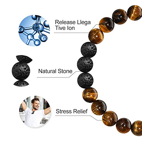 M MOOHAM Fathers Day Gift Mens Bracelet - Beaded Natural Stone 8mm Tiger Eye Matte Agate Lava Rock Bracelets for Men Teen Boys Grandpa Dad Birthday Gifts Jewelry - style: " Tiger eye&Lava Rock Bracelets