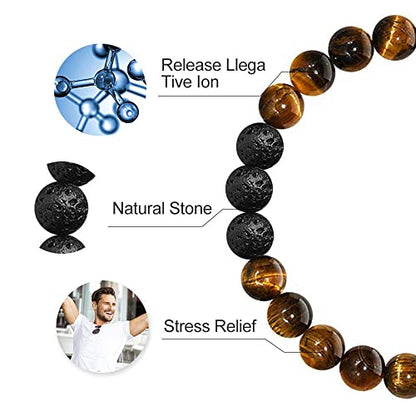 M MOOHAM Fathers Day Gift Mens Bracelet - Beaded Natural Stone 8mm Tiger Eye Matte Agate Lava Rock Bracelets for Men Teen Boys Grandpa Dad Birthday Gifts Jewelry - style: " Tiger eye&Lava Rock Bracelets