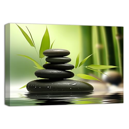 QIXIANG Zen Canvas Prints Wall Art Black Spa Stone Pictures Green Bamboo Leaf Painting Prints Meditation Spiritual Room Decor Frame(Zen C,12.00" x 18.00") - color: Zen C, size: 18"L x 12"W