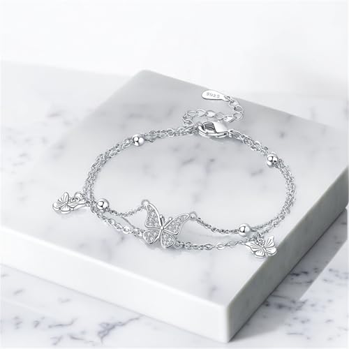 925 Sterling Silver Bracelet for Women,Silver Bracelet Chain Presents for Sister Daughter and Friend, Women's Jewelry for the Daily Occasion - color: Silvery | Butterfly Double Layer Chain