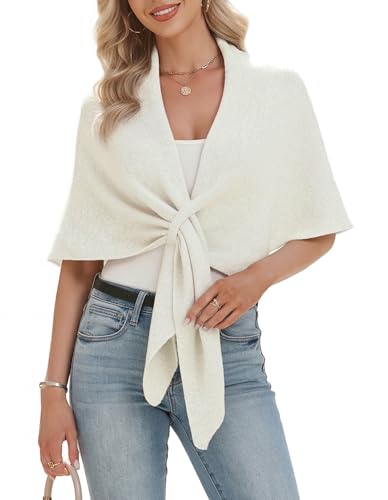 Shawl Wraps Women Pashmina Cardigan Triangle Cape Knit Shoulder Top Sweater Scarf for Fall Winter - color: 01 Cream