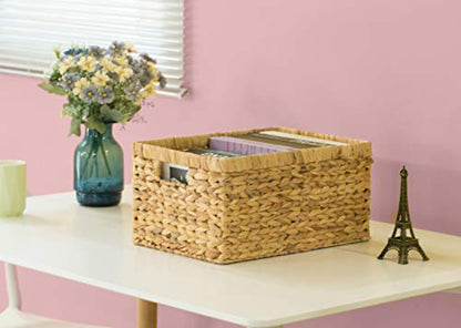 Natural Woven Water Hyacinth Wicker Rectangular Storage Bin Basket with Handles, Large - size: Large
