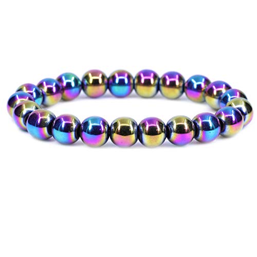 Amandastone Natural Gemstone 10mm Round Beads Stretch Bracelet 7 Inch - color: Aqua Aura Hematite
