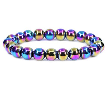 Amandastone Natural Gemstone 10mm Round Beads Stretch Bracelet 7 Inch - color: Aqua Aura Hematite