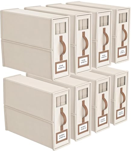 8 Pack Bed Sheets Organizers And Storage,Sheets Set Folder Keeper with Handle,Foldable Bedding Storage Box For Linen Closet,Duvet Cover(King Size-3.7 Gal,Beige) - color: Beige, size: 8 Pack-King Size-3.7 Gal