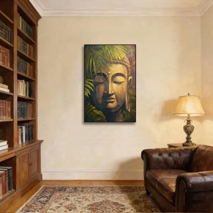 Buddha Head Canvas Wall Art, Framed 24x36 Inch Zen Buddhist Painting, Large Spiritual Meditation Room Decor, Buddha Print With Gold Decoration for Living Room Bedroom Yoga Studio, Ready to Hang