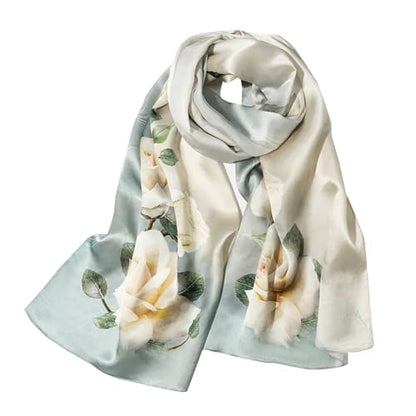 100% Mulberry Silk Long Scarf for Women Large Shawls for Headscarf and Neck- Oblong Hair Wraps with Gift Packed - color: Roses-pale Green