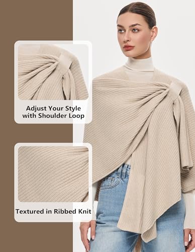 PULI Womens Elegant Cross Front Shawl Wraps Knitted Ponchos Cape Light Weight Poncho Sweater Soft Warm Travel Wraps - color: Rib-barley Twist