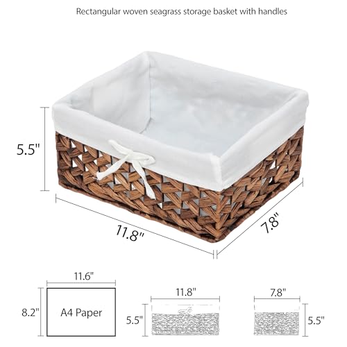 Water Hyacinth Storage Basket Small with Metal Frame & Removable Liner, 11.8”×7.9”×5.5” Rectangular Woven Organizer Bin for Bathroom Vanity, Desk, Nursery, Closet, Home Organization