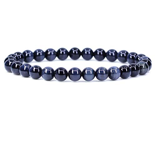 Natural Gemstone 6mm Round Beads Stretch Bracelet 7 Inch - color: Blue Tiger Eye
