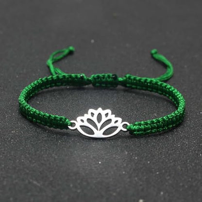 Lotus Symbol Bracelet for Women - Adjustable Cord, Silver Pendant, Spiritual Jewelry Gift - style: Jade Green