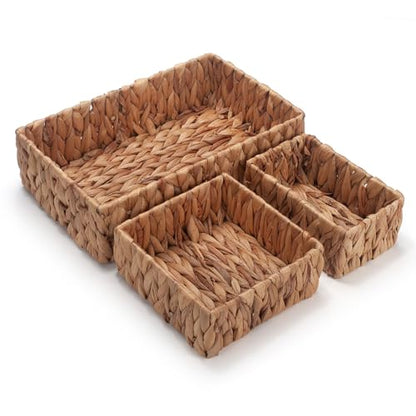 Water Hyacinth Rectangular Storage Basket for Organizing Natural Wicker Baskets for Shelves Pantry Bathroom Set of 3