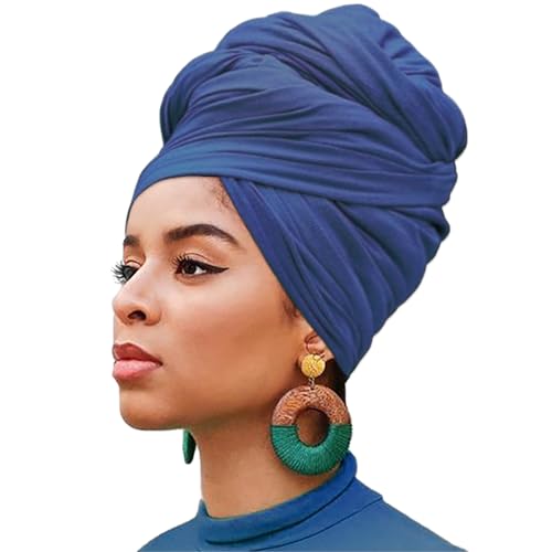 XTREND 1 Piece Stretch Head Wrap Jersey Fashion Headband Knit Turban for Women Extra Long Soft Bohemian Breathable Turbans Tie (Denim Blue) - color: Z1 Denim Blue