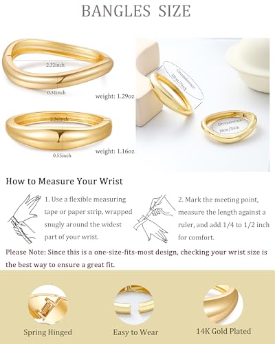 2pcs Gold Bangle Bracelets for Women, Trendy Hinged Cuff Open Wide Chunky Gold Bracelet Stack Arm Cuff Jewelry for Women