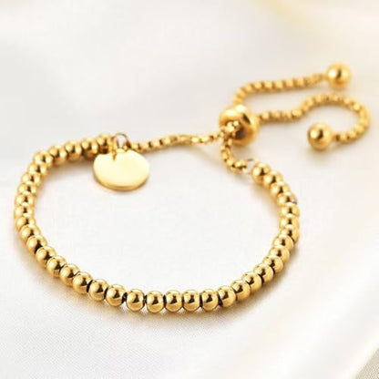 925 Sterling Silver 18K Gold Plated Minimalist Round Pendant Adjustable Bead Bracelet, Simple Geometric Couple Bracelet(Gold) - color: Gold