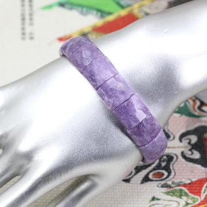 Keleny Gemstones Semi Precious 15mm Square Grain Faceted Beaded Stretch Bangle 7.5 Inch Unisex - color: A Grade Purple Lepidolite Lithium Mica