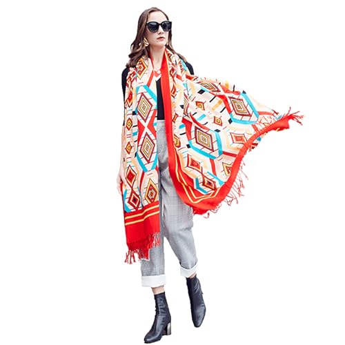 100% Merino Wool Pashmina Shawl for Women 96"x43", Oversized Cashmere Wrap with Tassels, Floral Travel Blanket Cape - color: Red Geometric Diamond Mix