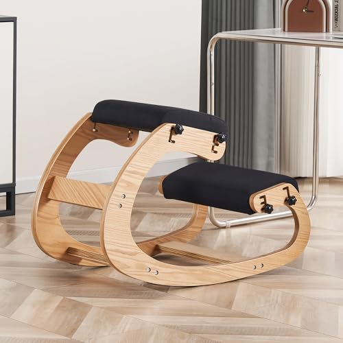 Ergonomic Kneeling Chair, Adjustable Rocking Office Chair Wooden Knee Chair Posture Chair for Home Office Back Pain Relief, Black - color: Black