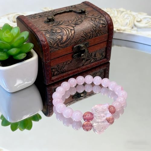 Rose Quartz Bracelet, 8mm Natural Gemstone Love Stone Jewelry Anxiety Relief & Meditation Support Heart Chakra Balance Valentine’s Mother’s Day Gift for Her - color: Goddess Peony pink