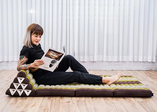 Leewadee 3-Fold Mat XXL with Triangle Cushion – Firm TV Pillow, Foldable Mattress with Cushion Made of Kapok, 67 x 31 inches, Brown Green - color: Sf20 - Brown, Green, size: 3 seating segments XL