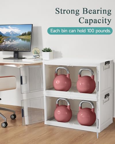 OlarHike 97QT Stackable Storage Bins with Lids - Folding Storage Box with Doors and Wheels, Collapsible Plastic Storage Drawers for Closets and Organization, Garage, 5 Pack Cubes - size: 97QT-White, style: 5Pack