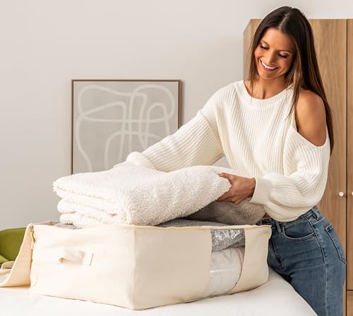 Soft Canvas Storage Bags with Zipper. Thick Breathable, 1pc King/Queen Comforter Organizer. Four Carrying Handles and Window. Large 25x19x9in Bag for Sheets Blankets Bedding Pillows, Clothes