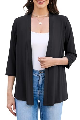 Yekaty 3/4 Sleeve Cardigan for Women Lightweight Thin Open Front Summer Soft Drape Cardigans - color: Black, size: Small