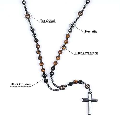 LIYAPEI Triple Protection Necklace with Tiger Eye, Obsidian, and Hematite - Stylish Men's Cross Necklace and Women's Y-Shaped Sweater Chain An Anxiety Relief Beaded Necklace. - color: Tiger Eye Red