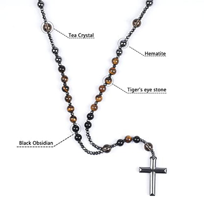 LIYAPEI Triple Protection Necklace with Tiger Eye, Obsidian, and Hematite - Stylish Men's Cross Necklace and Women's Y-Shaped Sweater Chain An Anxiety Relief Beaded Necklace. - color: Tiger Eye Red