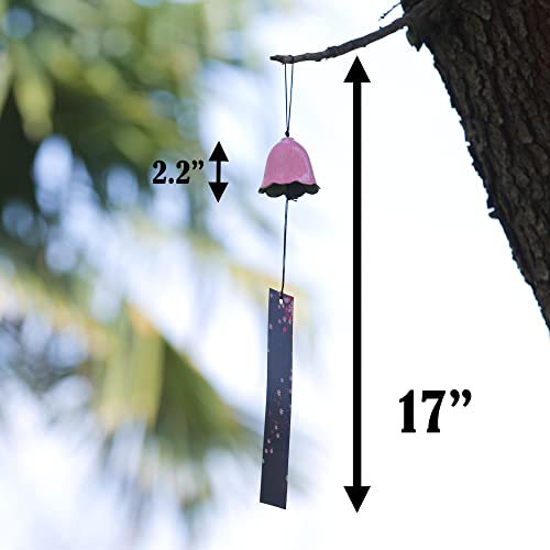 Japanese Wind Chime Cast-Iron Outdoor Ornament for Garden, Patio & Balcony, Hanging Metal Wind-Bell Decoration Gift, Blessing Pendant Windchimes & PVC Wind-Catcher, Pink Flower