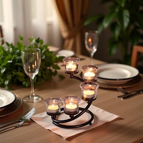 1PC Clear Chunky 5 Cups Metal Tea Light Candle Holders for Table Centerpiece, Glass Votive Tealight Holders/Candelabra Candlestick Holders for Wedding,Party, Anniversary,Christmas(Black) - color: Black