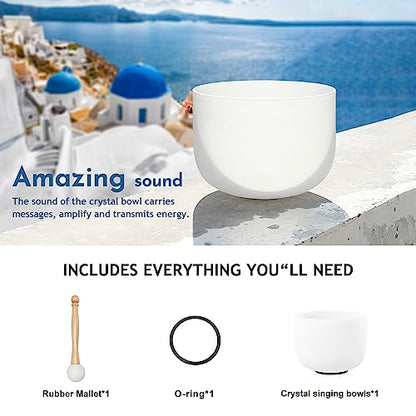 Singing Bowl 8 Inch E Note Solar Plexus Chakra Frosted Quartz Crystal Sound Bowl Mallet and O-ring For Sound Healing Meditation - color: white 3, size: 8"E